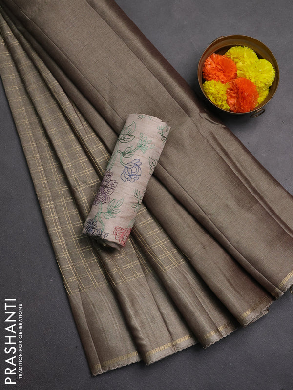 Semi tussar saree dark beige and beige with allover zari checked pattern and simple border