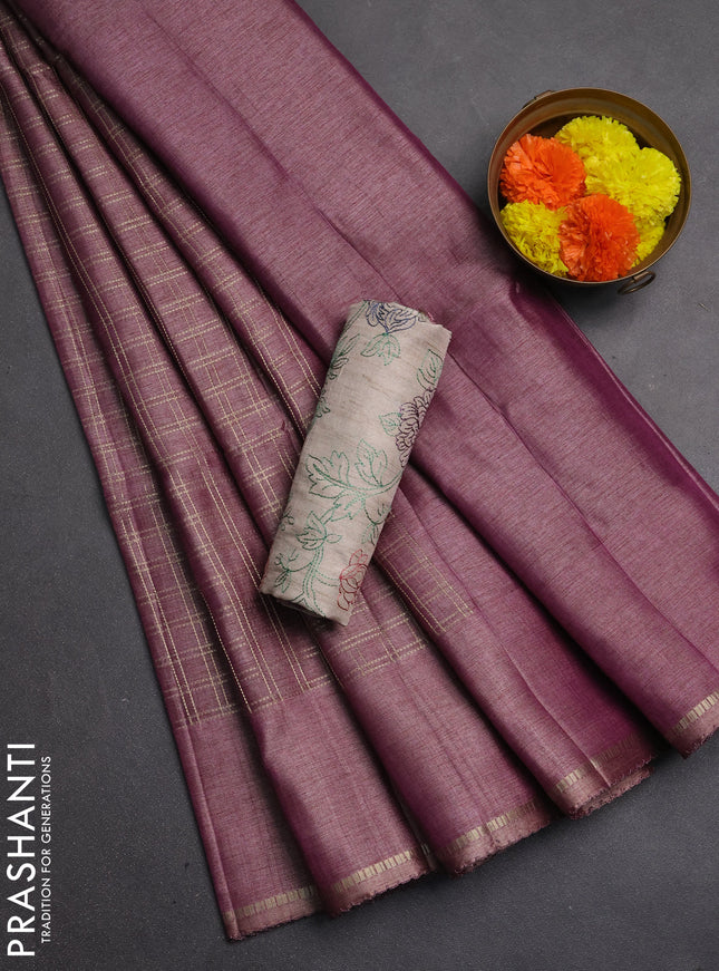 Semi tussar saree mauve pink and beige with allover zari checked pattern and simple border