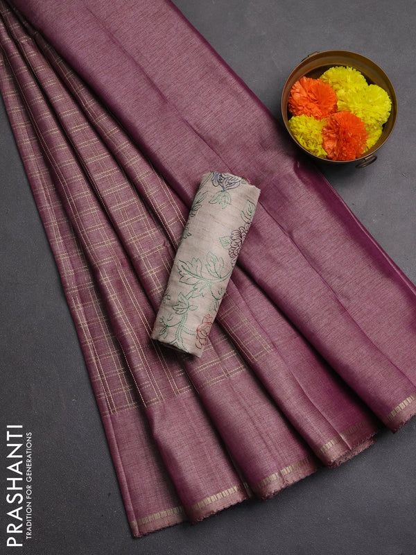 Semi tussar saree mauve pink and beige with allover zari checked pattern and simple border