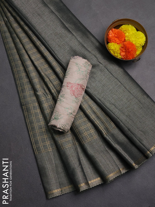Semi tussar saree grey and beige with allover zari checked pattern and simple border