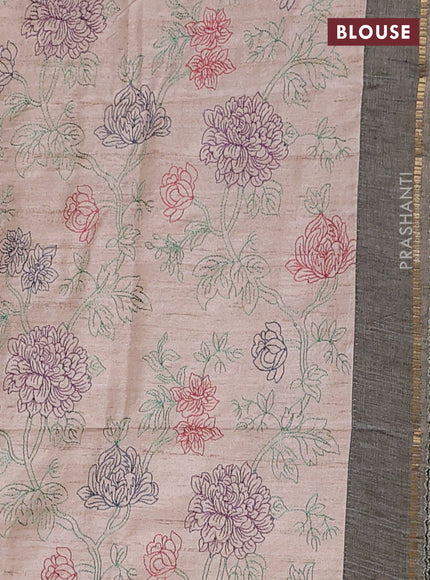 Semi tussar saree grey and beige with allover zari checked pattern and simple border