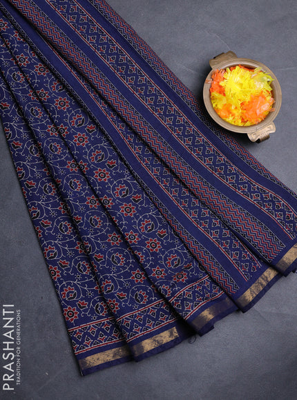 Muslin cotton saree navy blue with allover ajrakh prints and zari woven border