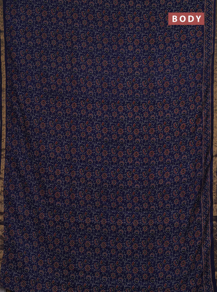 Muslin cotton saree navy blue with allover ajrakh prints and zari woven border