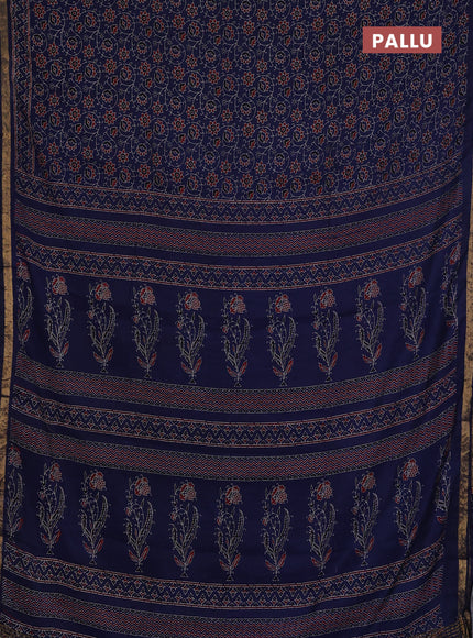 Muslin cotton saree navy blue with allover ajrakh prints and zari woven border