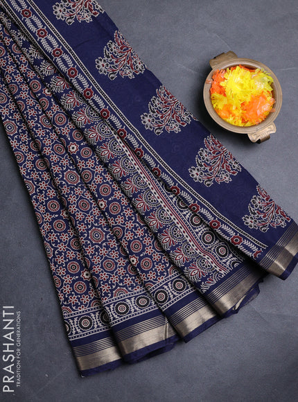 Muslin cotton saree navy blue with allover ajrakh prints and zari woven border