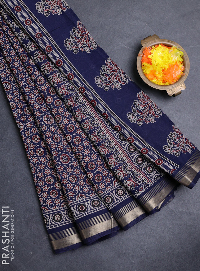 Muslin cotton saree navy blue with allover ajrakh prints and zari woven border