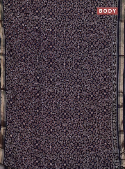 Muslin cotton saree navy blue with allover ajrakh prints and zari woven border