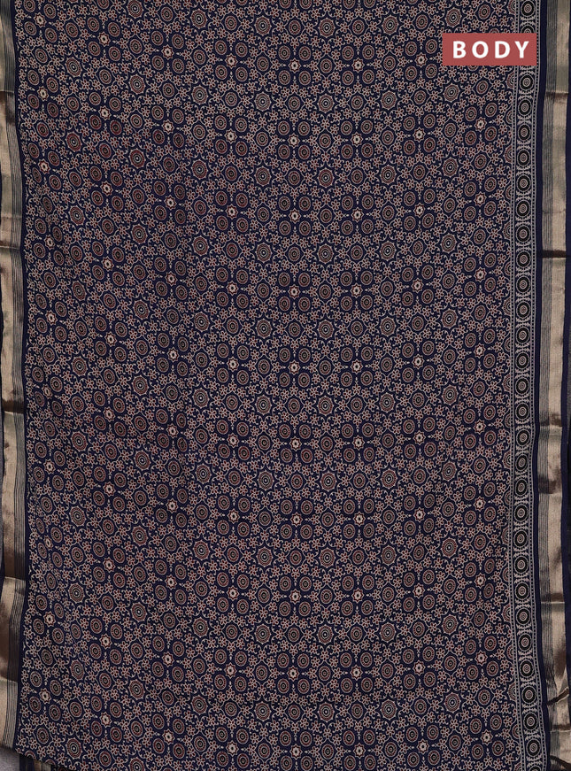 Muslin cotton saree navy blue with allover ajrakh prints and zari woven border