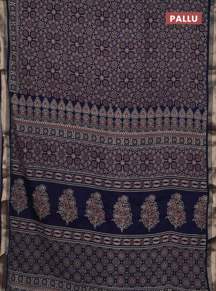 Muslin cotton saree navy blue with allover ajrakh prints and zari woven border