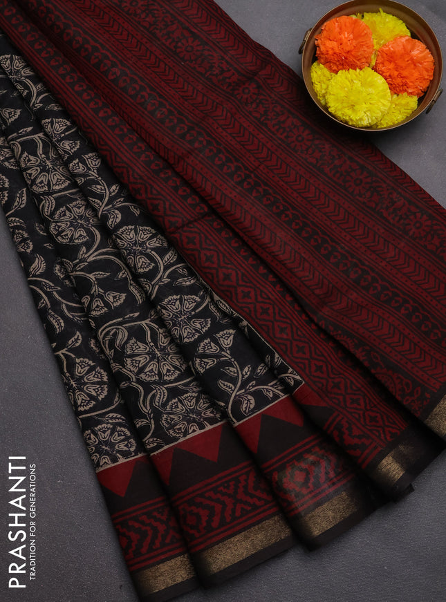 Muslin cotton saree black and maroon with allover kalamkari prints and zari woven border