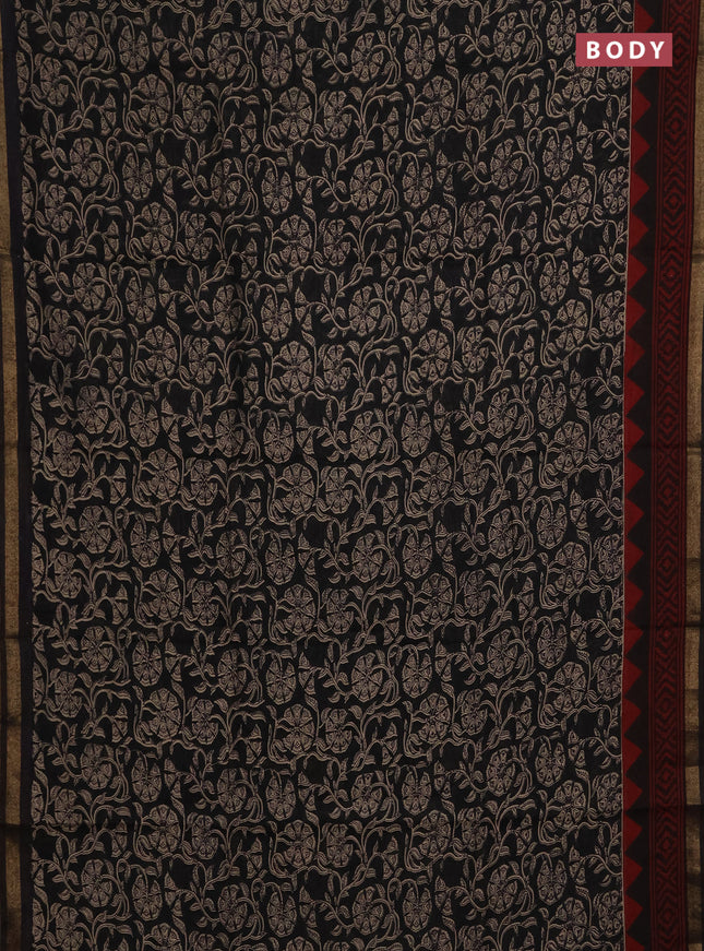 Muslin cotton saree black and maroon with allover kalamkari prints and zari woven border