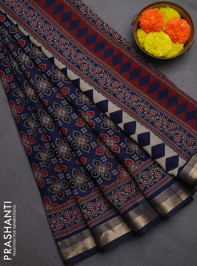 Muslin cotton saree navy blue with allover ajrakh prints and zari woven border