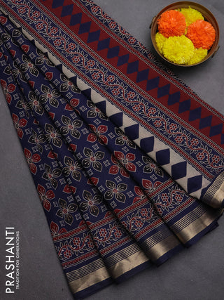Muslin cotton saree navy blue with allover ajrakh prints and zari woven border