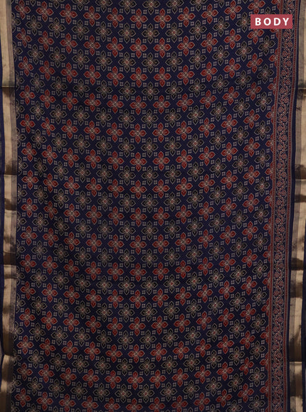 Muslin cotton saree navy blue with allover ajrakh prints and zari woven border