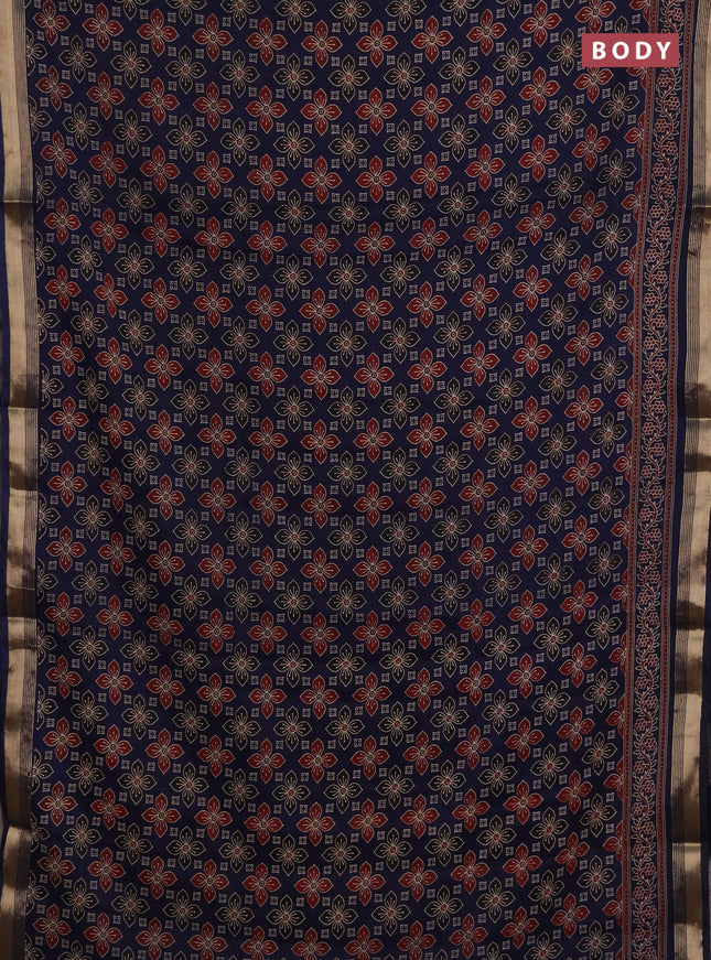 Muslin cotton saree navy blue with allover ajrakh prints and zari woven border