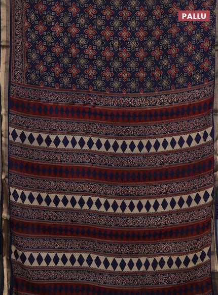 Muslin cotton saree navy blue with allover ajrakh prints and zari woven border