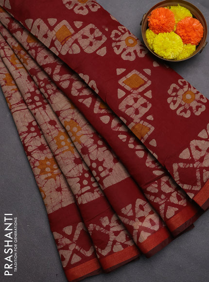 Muslin cotton saree maroon with allover batik prints and zari woven border