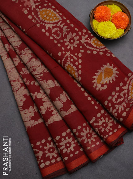 Muslin cotton saree maroon with allover batik prints and zari woven border