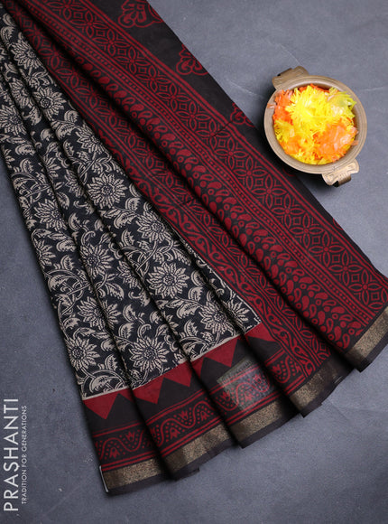 Muslin cotton saree black with allover kalamkari prints and zari woven border