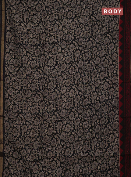Muslin cotton saree black with allover kalamkari prints and zari woven border