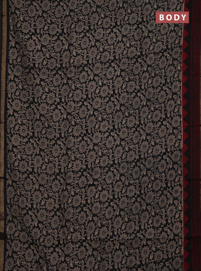 Muslin cotton saree black with allover kalamkari prints and zari woven border