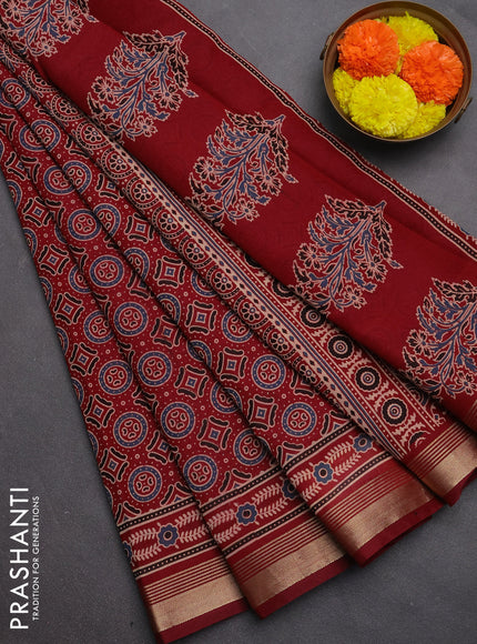 Muslin cotton saree maroon with allover ajrakh prints and zari woven border