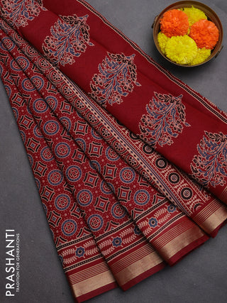 Muslin cotton saree maroon with allover ajrakh prints and zari woven border