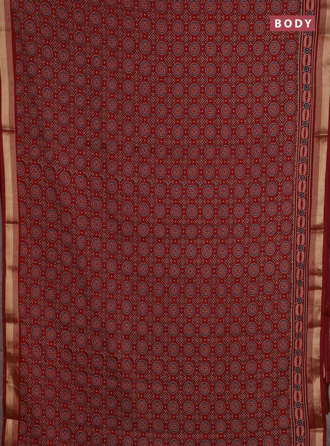 Muslin cotton saree maroon with allover ajrakh prints and zari woven border