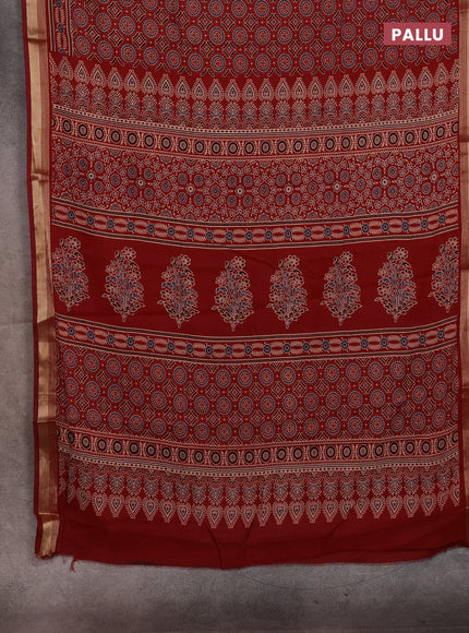 Muslin cotton saree maroon with allover ajrakh prints and zari woven border