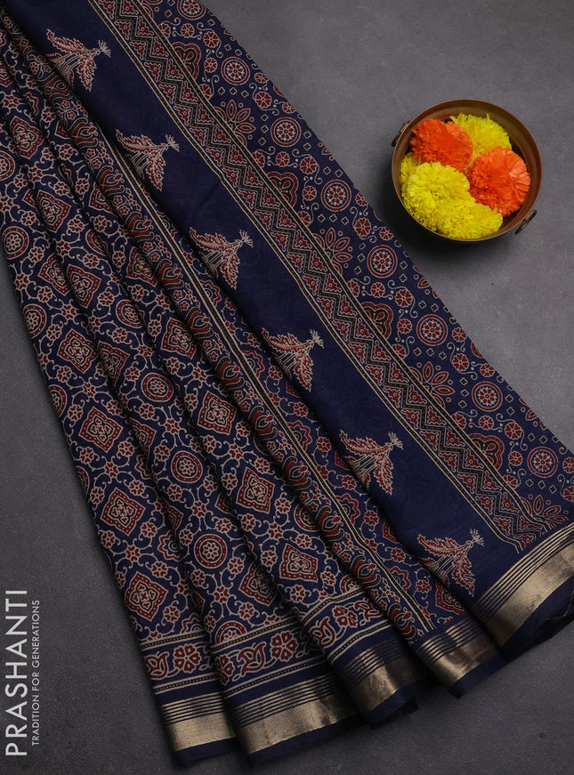 Muslin cotton saree navy blue with allover ajrakh prints and zari woven border