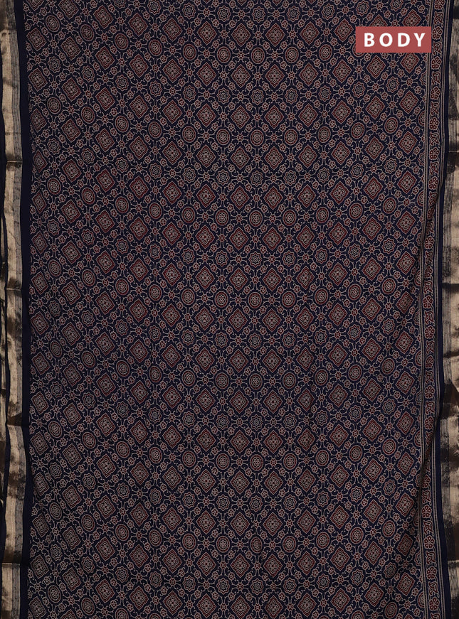 Muslin cotton saree navy blue with allover ajrakh prints and zari woven border