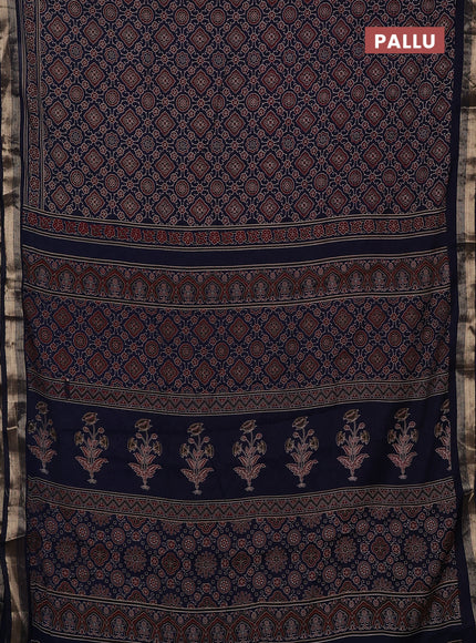 Muslin cotton saree navy blue with allover ajrakh prints and zari woven border