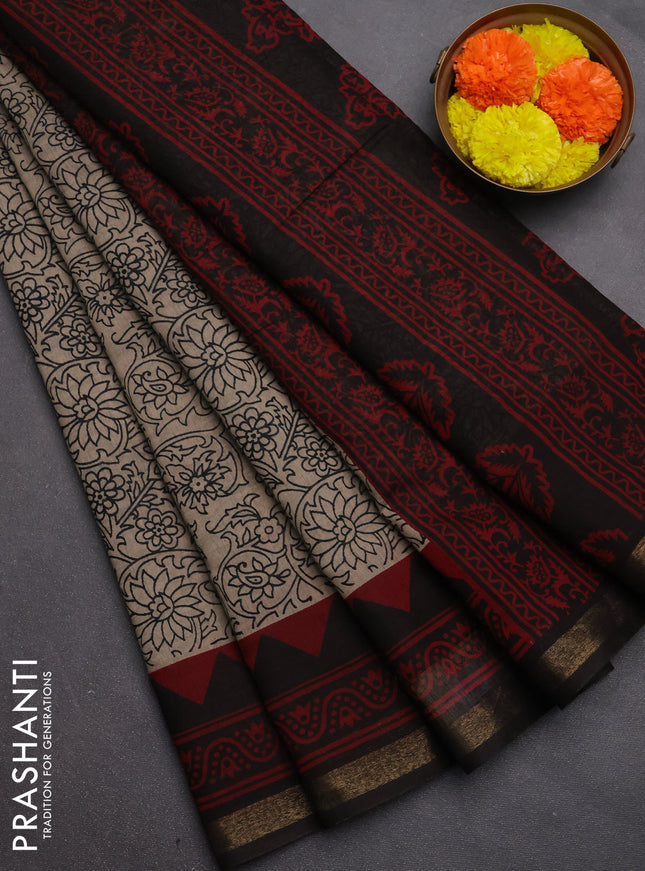 Muslin cotton saree beige and maroon with allover kalamkari prints and zari woven border
