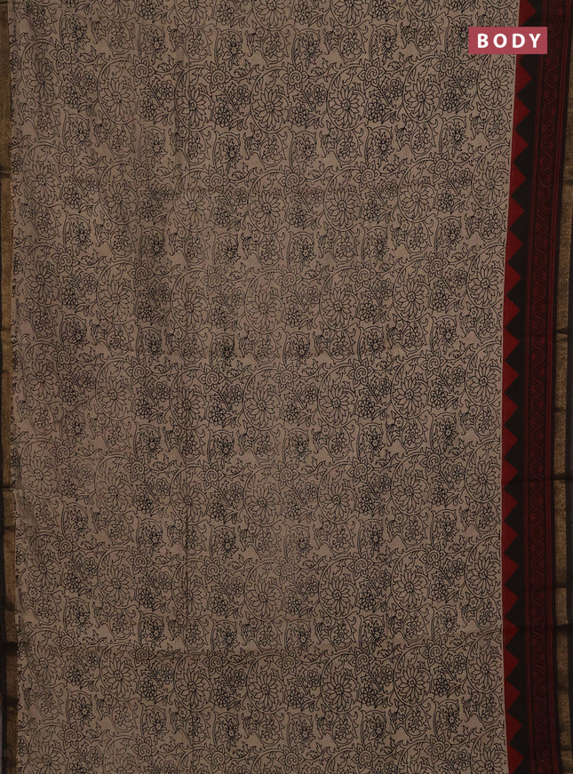 Muslin cotton saree beige and maroon with allover kalamkari prints and zari woven border
