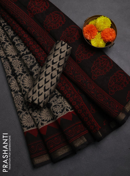 Muslin cotton saree beige and black with allover kalamkari prints and zari woven border