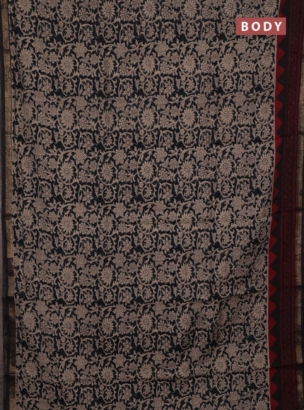 Muslin cotton saree beige and black with allover kalamkari prints and zari woven border
