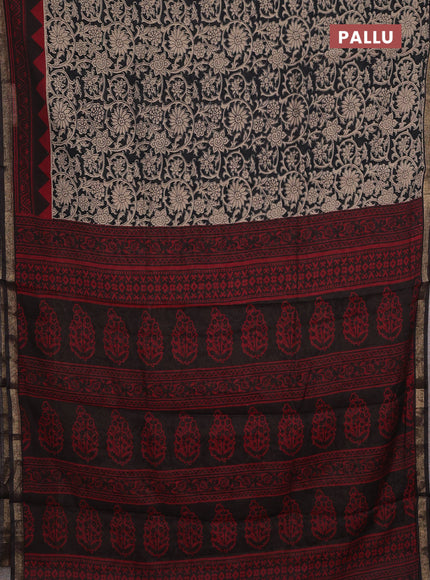 Muslin cotton saree beige and black with allover kalamkari prints and zari woven border