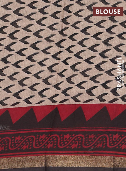 Muslin cotton saree beige and black with allover kalamkari prints and zari woven border