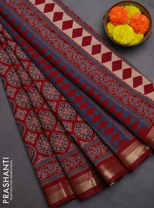 Muslin cotton saree maroon with allover ajrakh prints and zari woven border