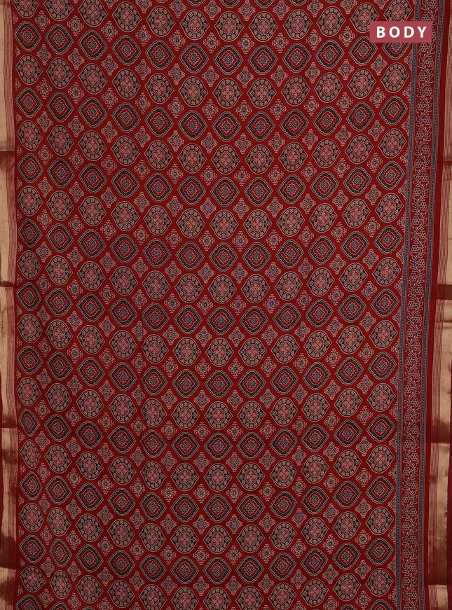 Muslin cotton saree maroon with allover ajrakh prints and zari woven border