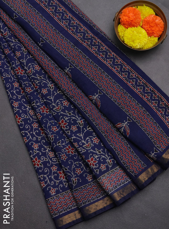Muslin cotton saree navy blue with allover ajrakh prints and zari woven border