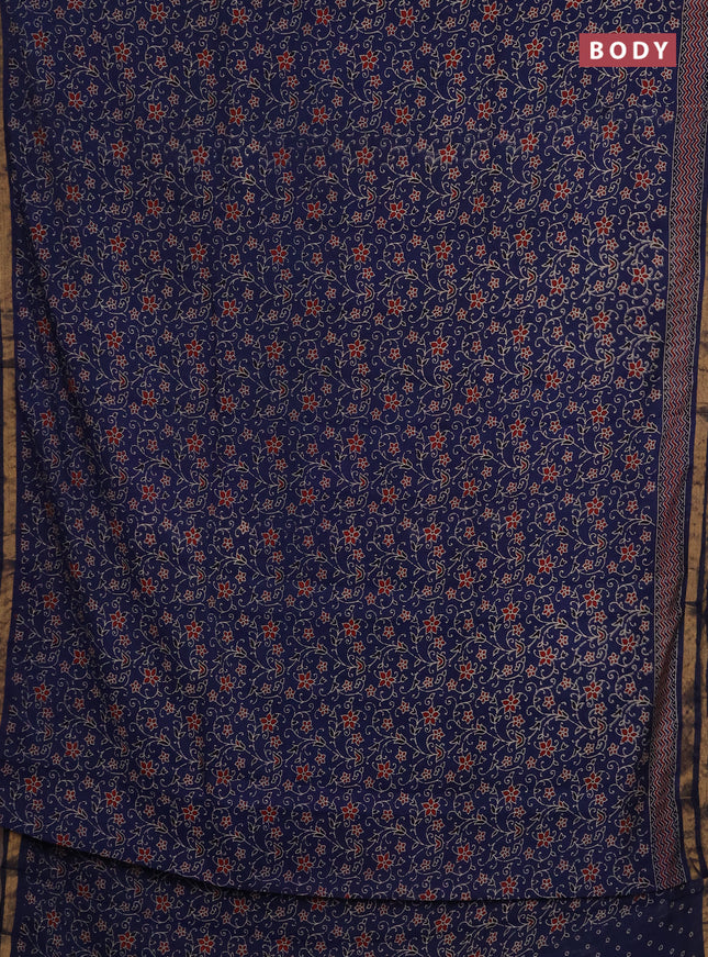Muslin cotton saree navy blue with allover ajrakh prints and zari woven border
