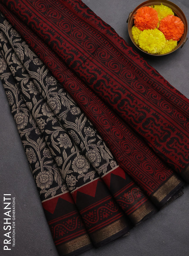 Muslin cotton saree black and maroon with allover kalamkari prints and zari woven border
