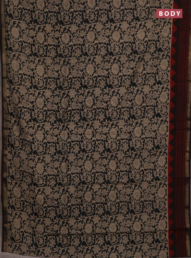 Muslin cotton saree black and maroon with allover kalamkari prints and zari woven border