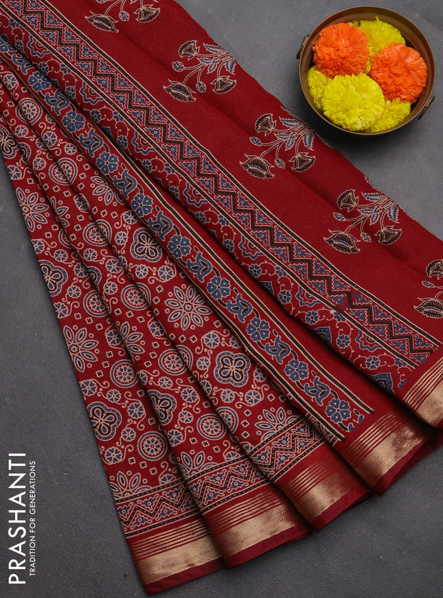 Muslin cotton saree maroon with allover ajrakh prints and zari woven border