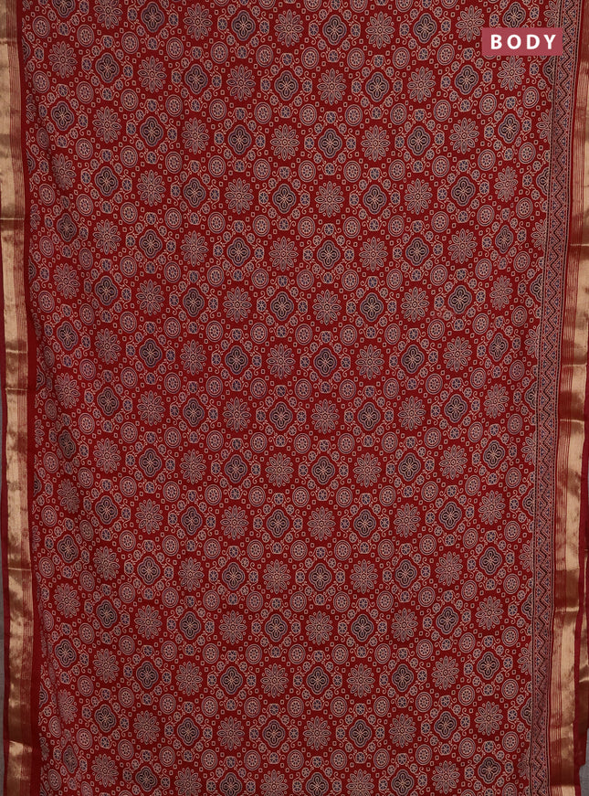 Muslin cotton saree maroon with allover ajrakh prints and zari woven border