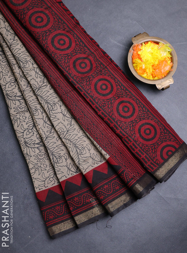 Muslin cotton saree beige and maroon with allover kalamkari prints and zari woven border