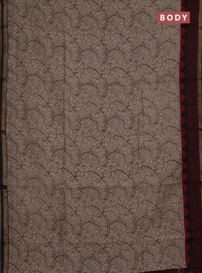 Muslin cotton saree beige and maroon with allover kalamkari prints and zari woven border