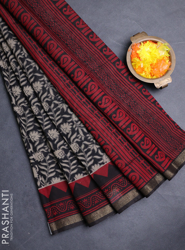 Muslin cotton saree black and maroon with allover kalamkari prints and zari woven border