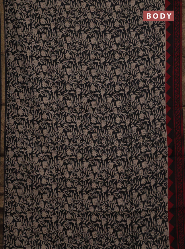 Muslin cotton saree black and maroon with allover kalamkari prints and zari woven border